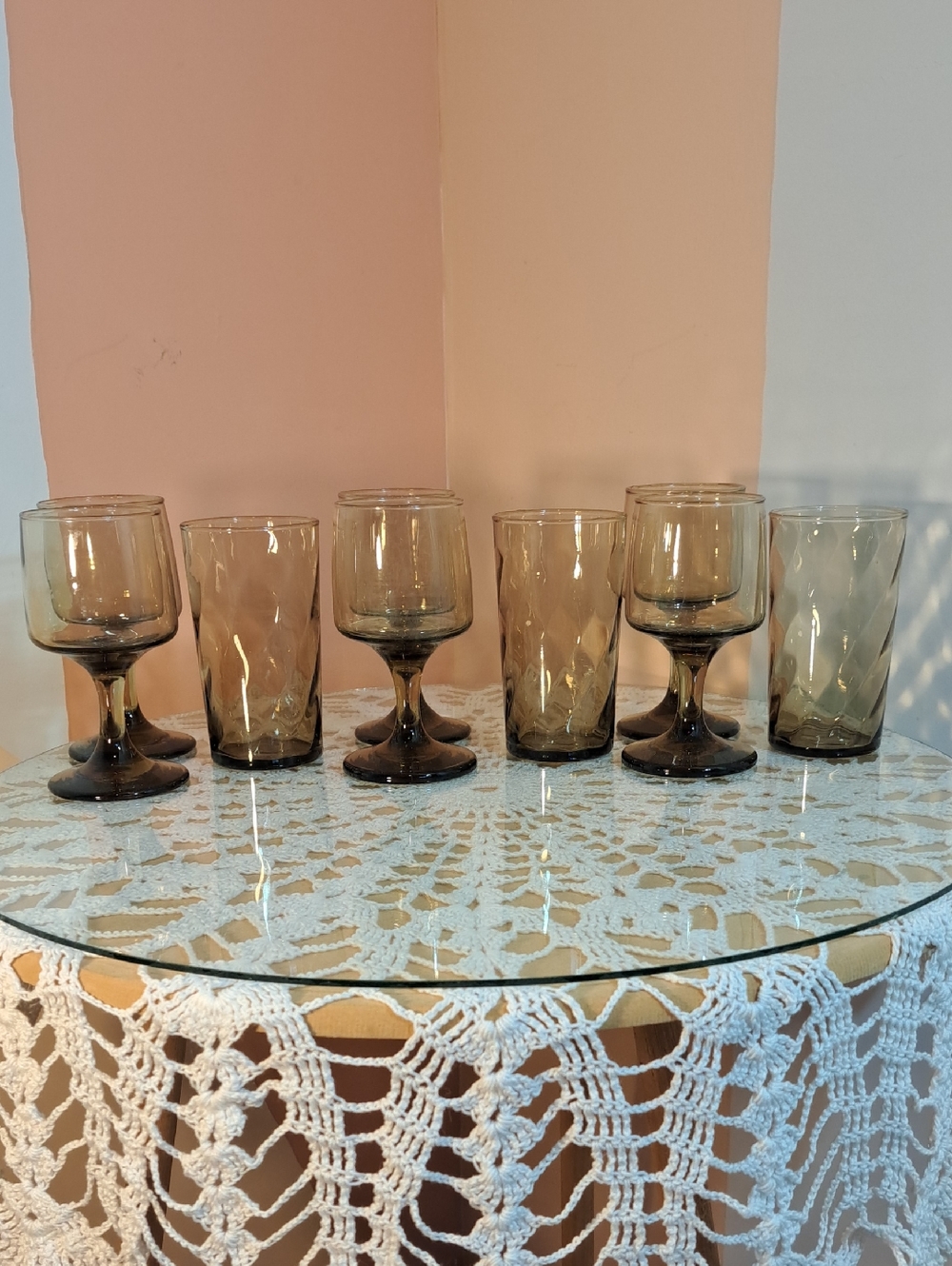 Set of 7 Vintage Smoked Glass Goblets and Tumblers